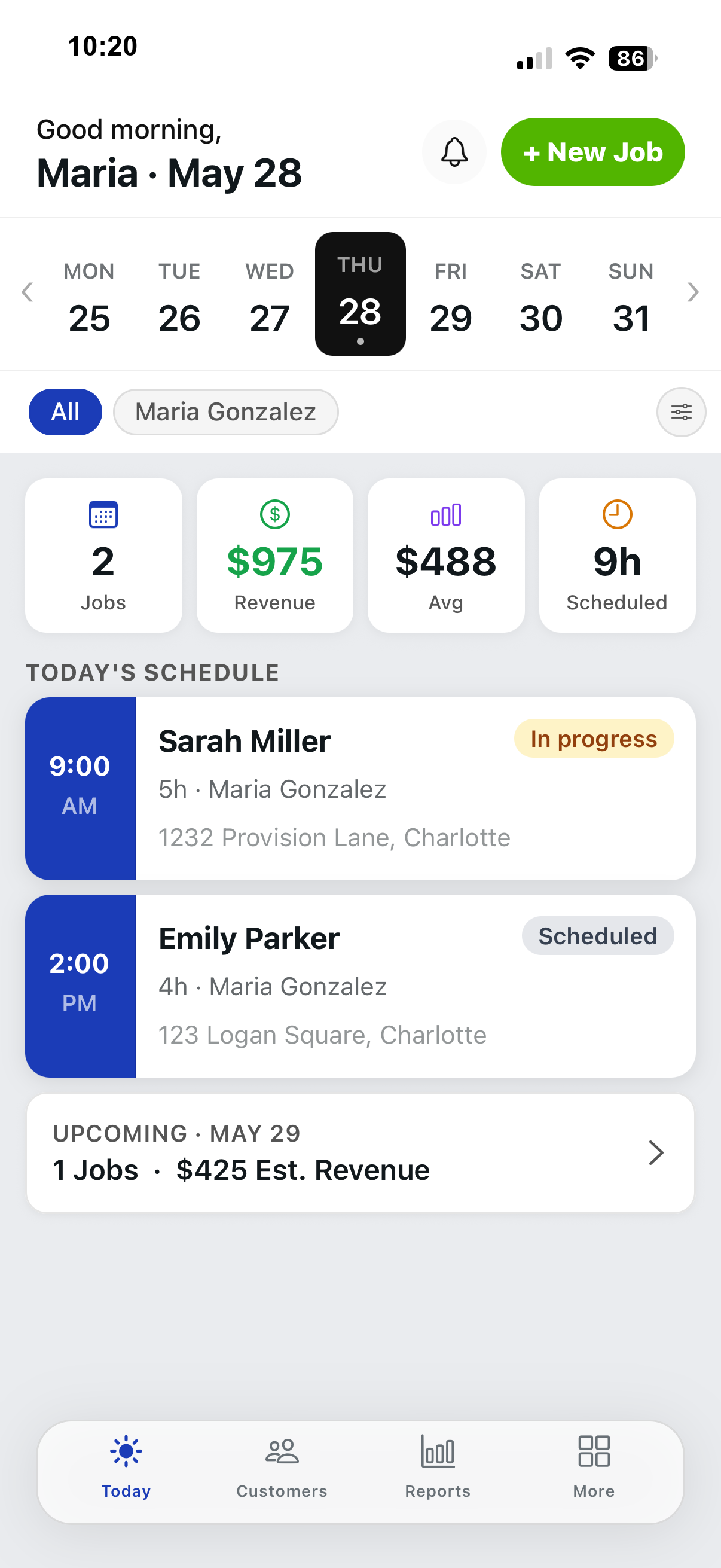 TodoClean schedule screen showing today's jobs and revenue